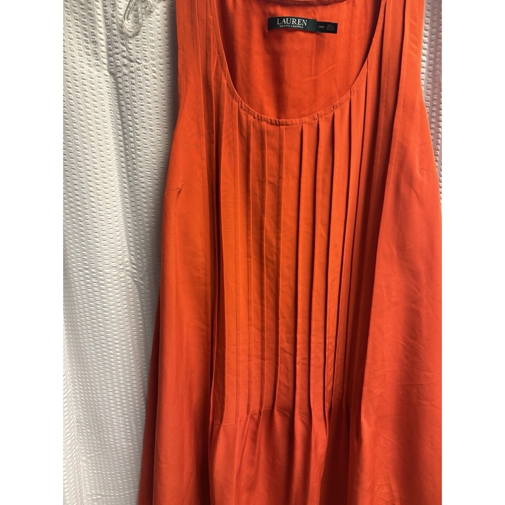 Lauren Ralph Lauren Pleated Red Orange Sleeveless Shift Dress 14P Lined - Picture 3 of 10